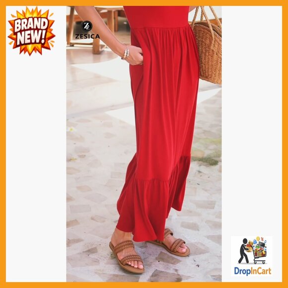 Sleeveless Square Neck Pleated Swing Maxi Dress Casual Tiered Flowy with Pockets - Picture 7 of 7